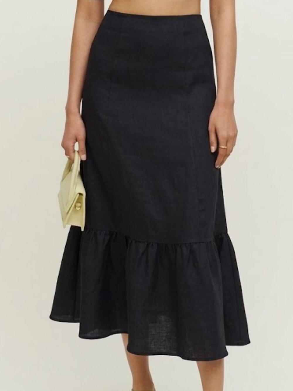 Reformation Black Cotton Poplin Paneled Flounce Midi Skirt Size 6